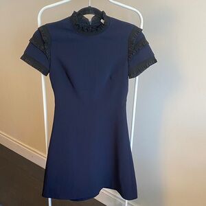 Navy Mini Dress with Black Lace Trim